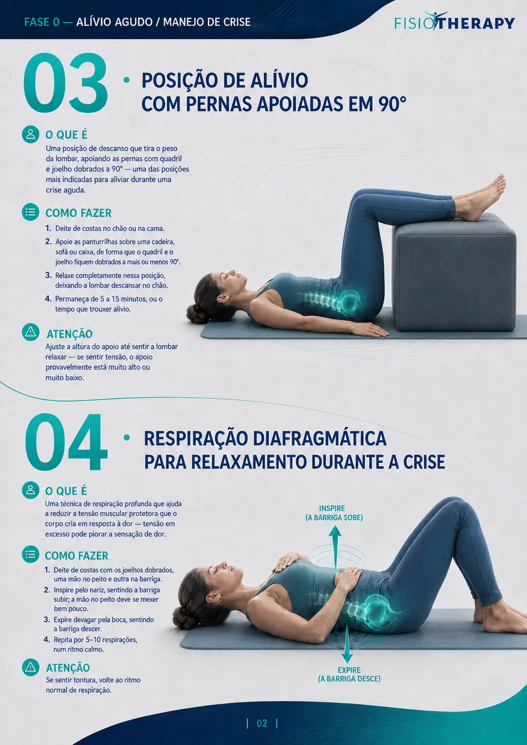 Posição de alívio com pernas em 90° e respiração diafragmática